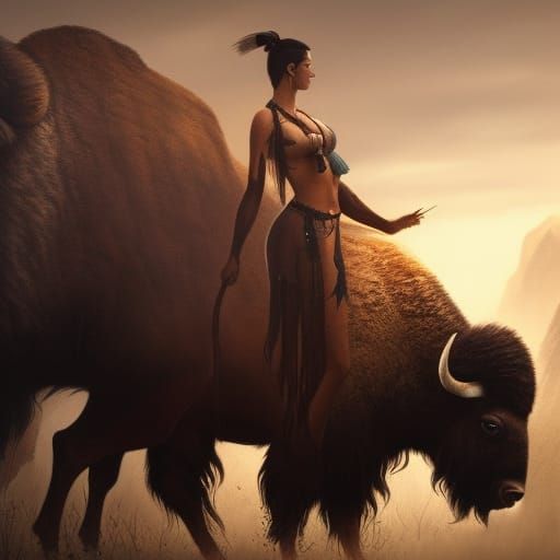 Native American Woman with Bison: Dark Fantasy Art