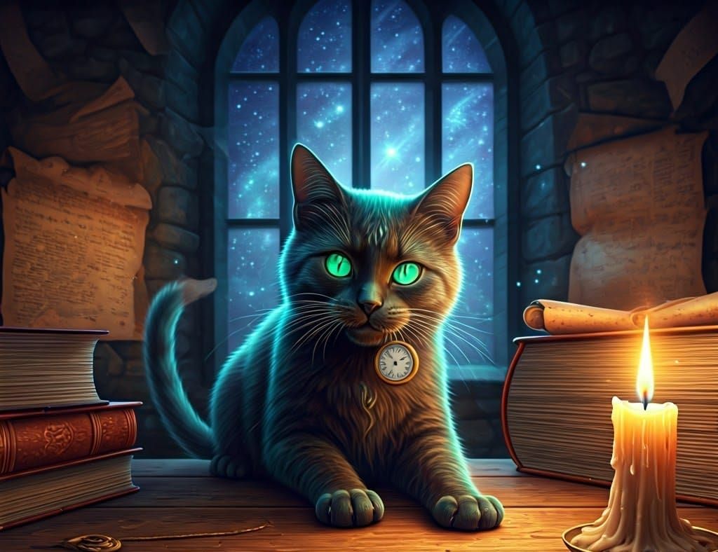 Majestic Black Cat in Ancient Study, Cyberpunk Style