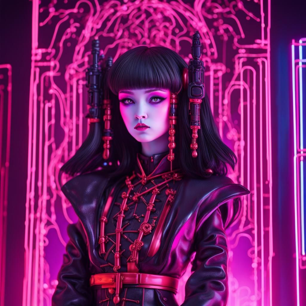Japanese Gothic Figurine in Synthwave Neon Style