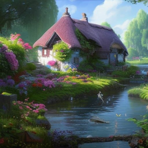 Cottagecore Village by Lake with Flower Garden