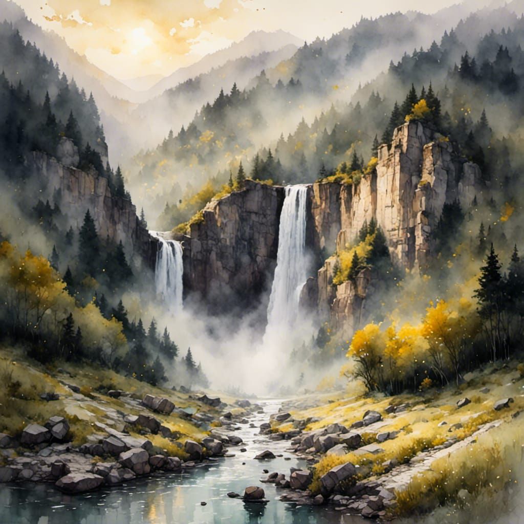 Waterfall at Dawn in Antique Watercolor Style