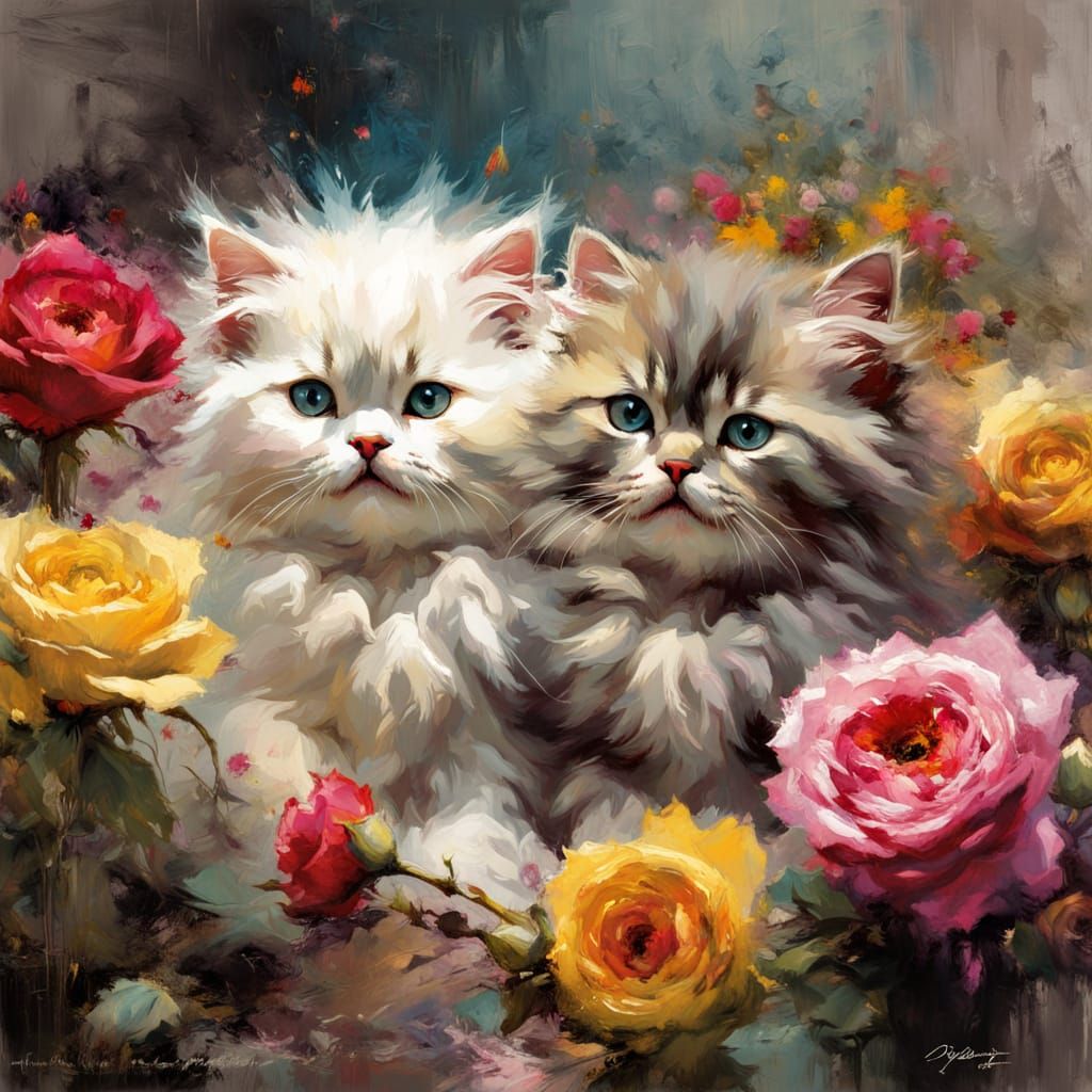 Fluffy Persian Kitten Play in Vibrant Roses - Fine Art Matte...