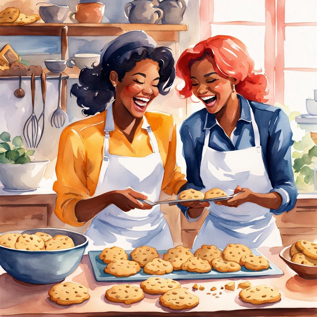 Lesbians Baking Cookies Together in Watercolor Style