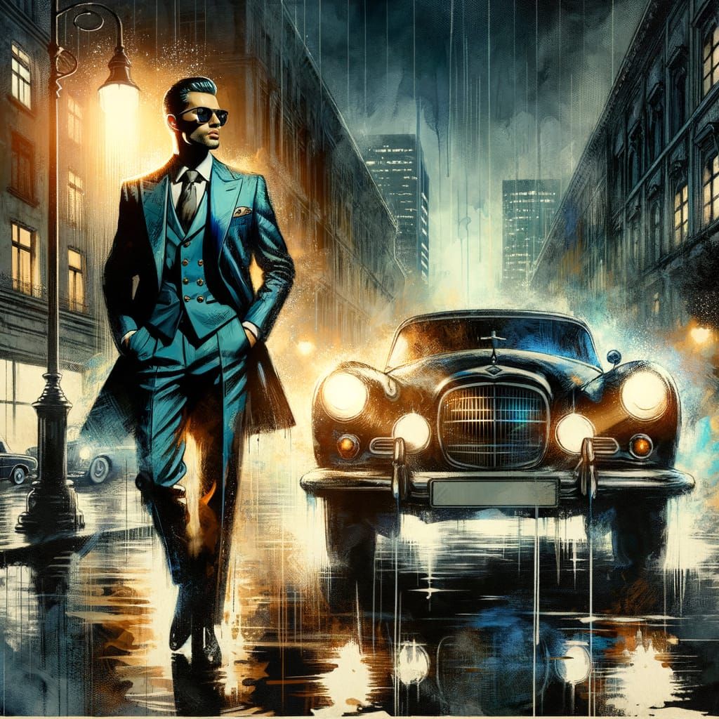 1950s Style Man and Car in Rainy City Night