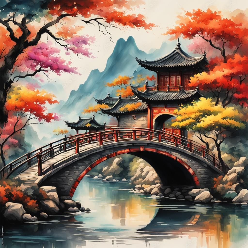 Arched Bridge Painting in Chinese Ink Style