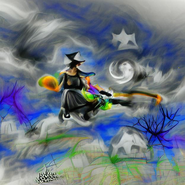 Eerie Digital Illustration of Witch on Broomstick