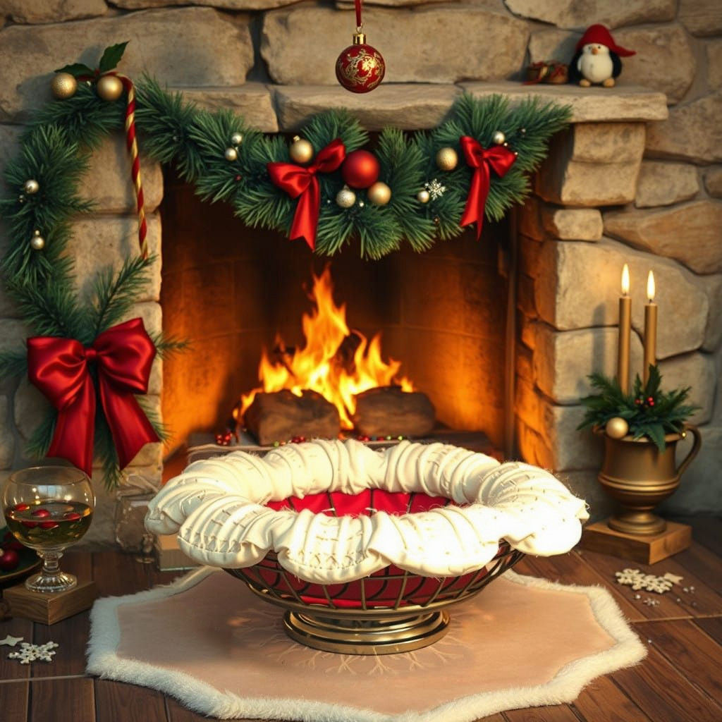 Red Christmas Stocking with White Fur Border Hung Near a Fir...