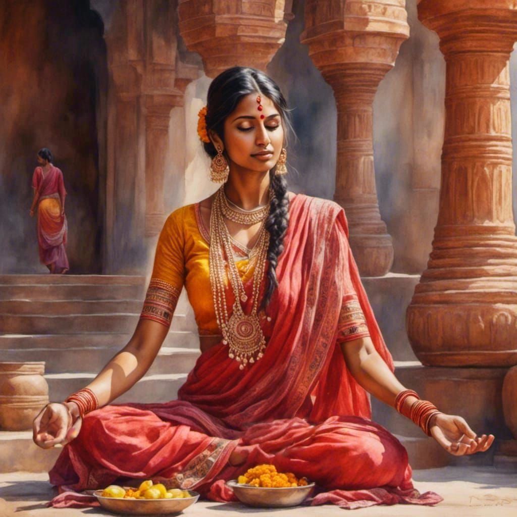 <lora:IndianWomanStyle:1.0> Indian woman in meditative pose, Lotus or Padmasana beautiful hyperrealistic art, watercolor...