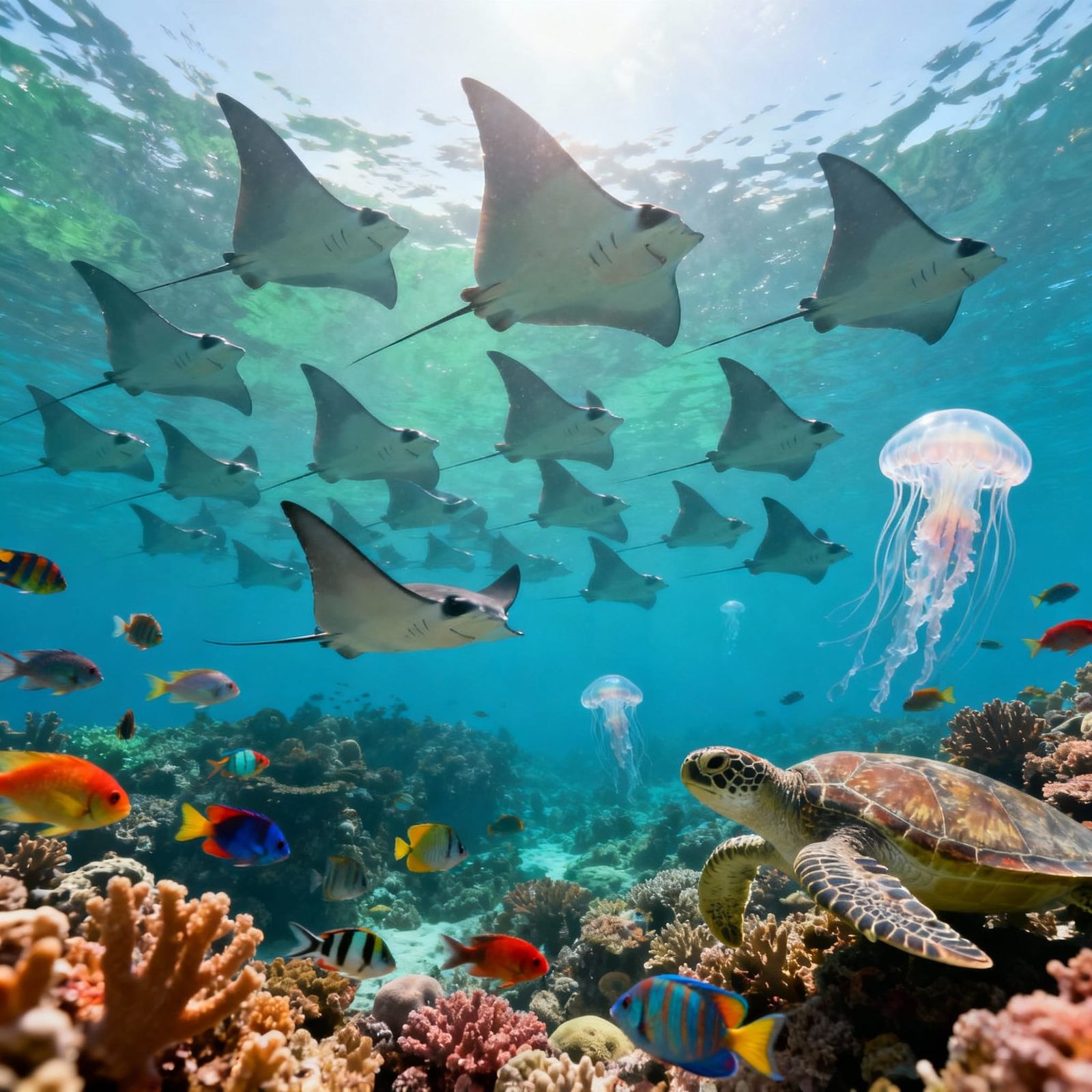 Eagle Rays Swim in Formation at Vibrant Coral Reef