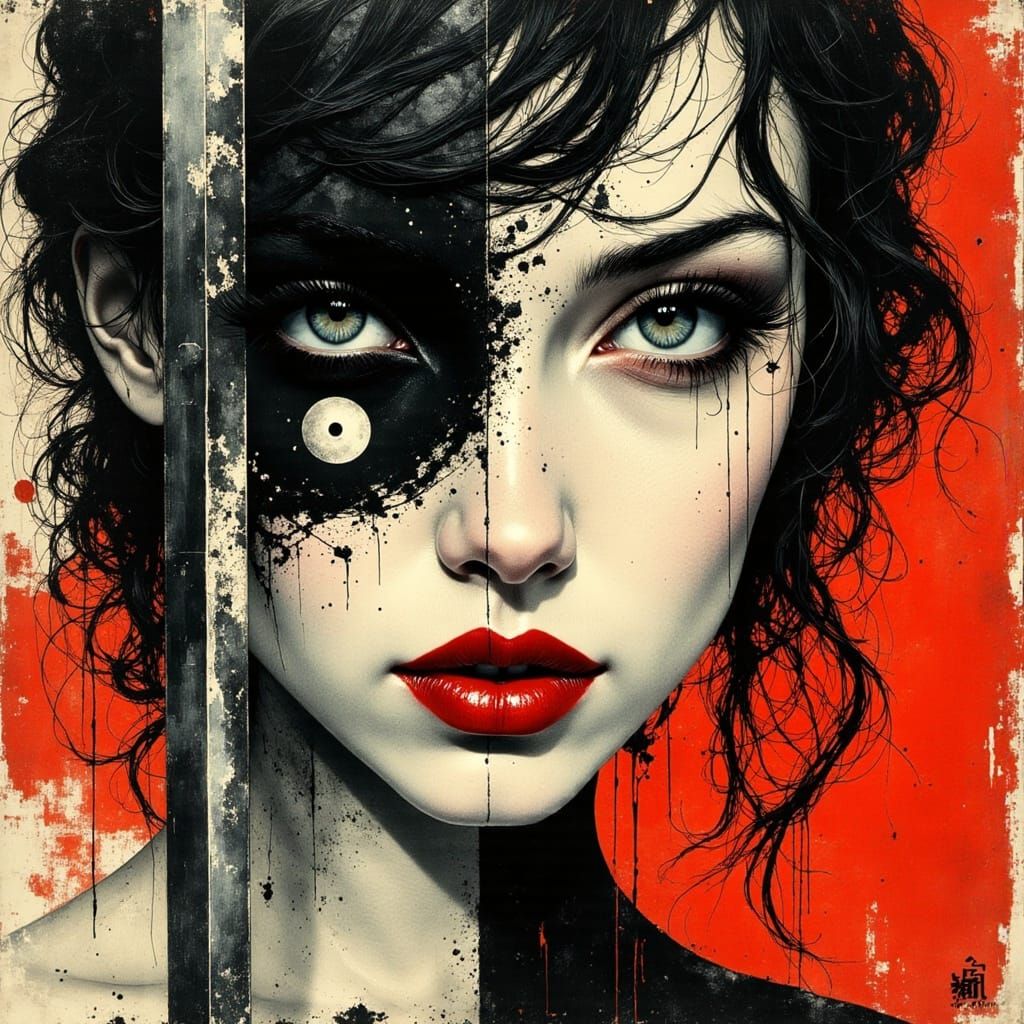 Ethereal Warrior with Yin Yang Tattoo in High Contrast Portr...