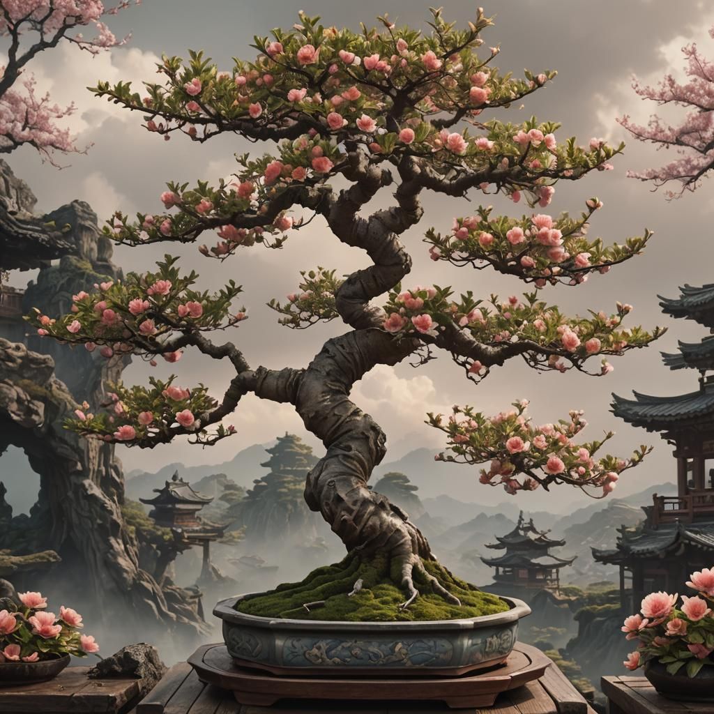 Peach Tree Bonsai in Digital Matte Painting Style