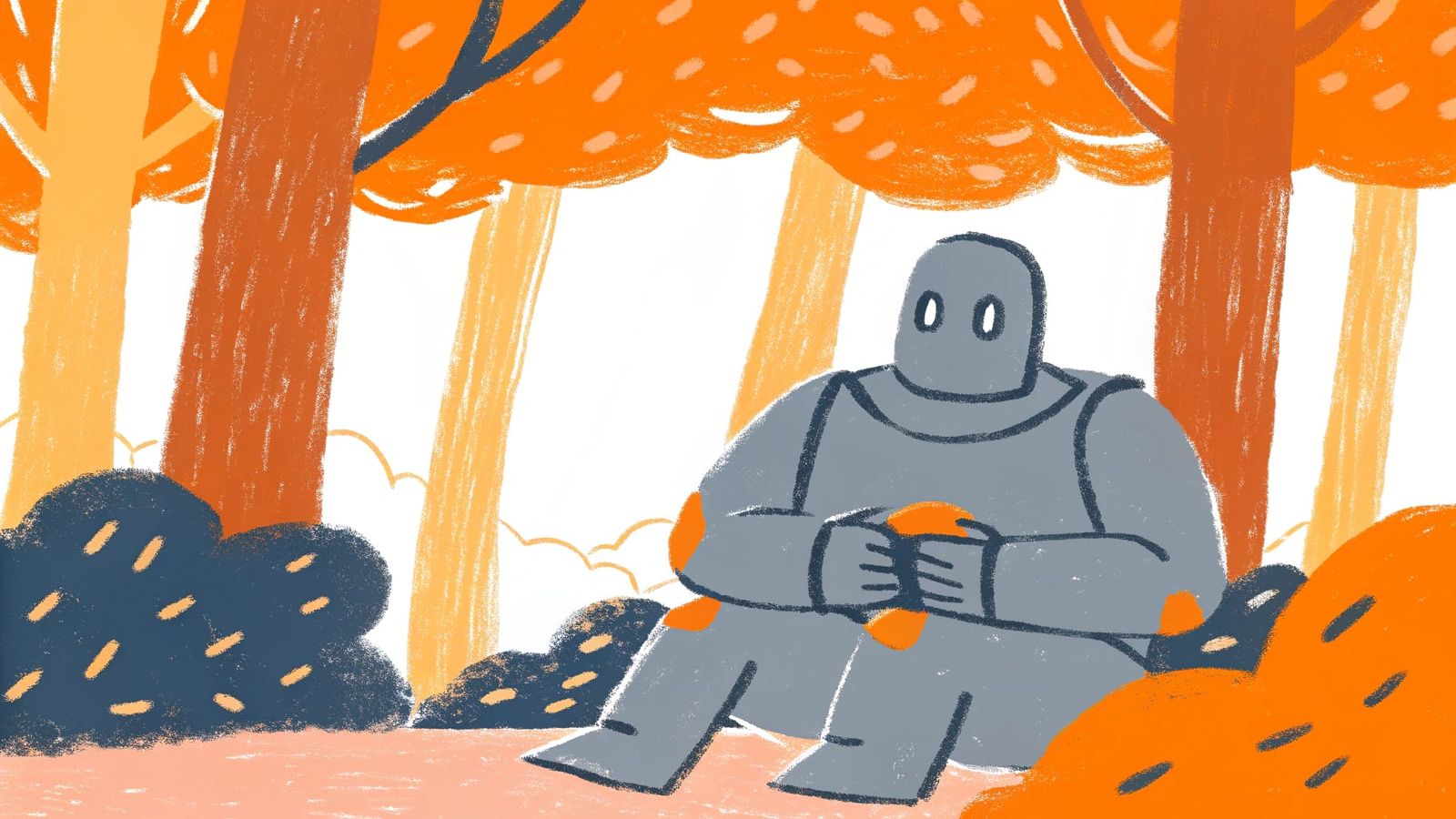 Iron Giant Sits in Forest Holding Rock