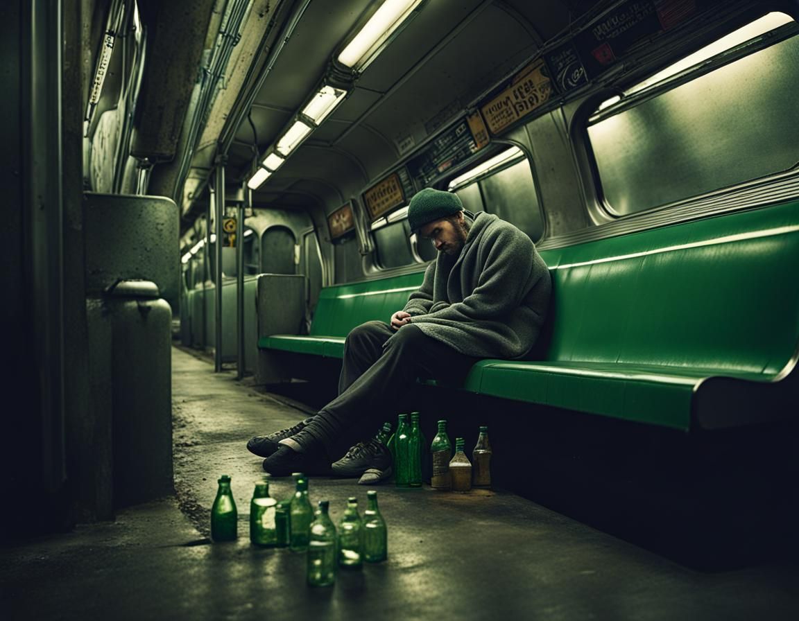 Subway Scene with Sleeping Person in Dark Green