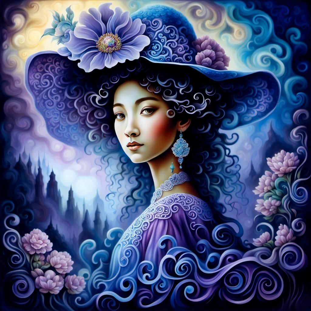 Woman with Floral Hat in Airbrushed Painting Style