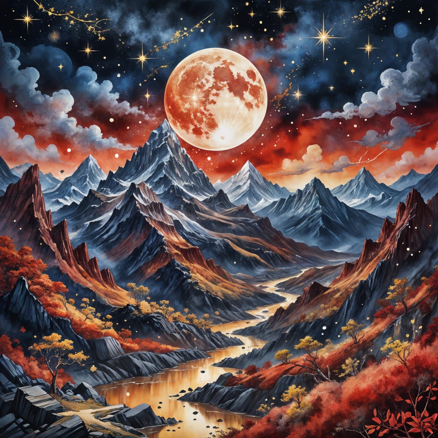 Ethereal Mountainscape Under Golden Full Moon