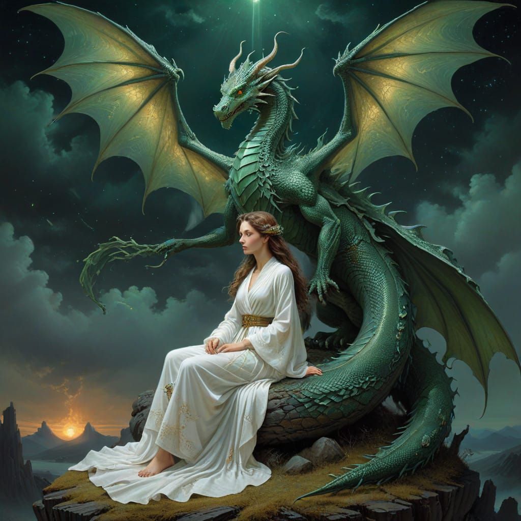 Regal Woman Sits Astride Majestic Dragon Under Starry Night...