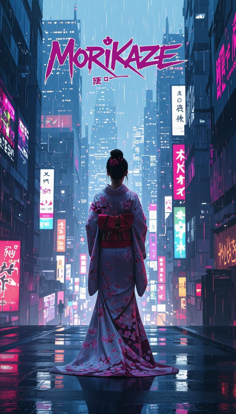 Cyberpunk Kimono Woman in Neon Metropolis