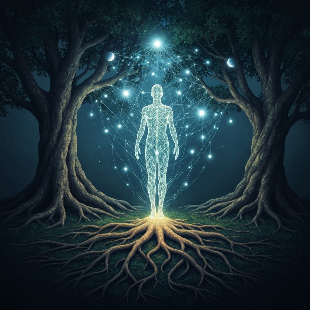 Luminous Figure Connected to Glowing Network