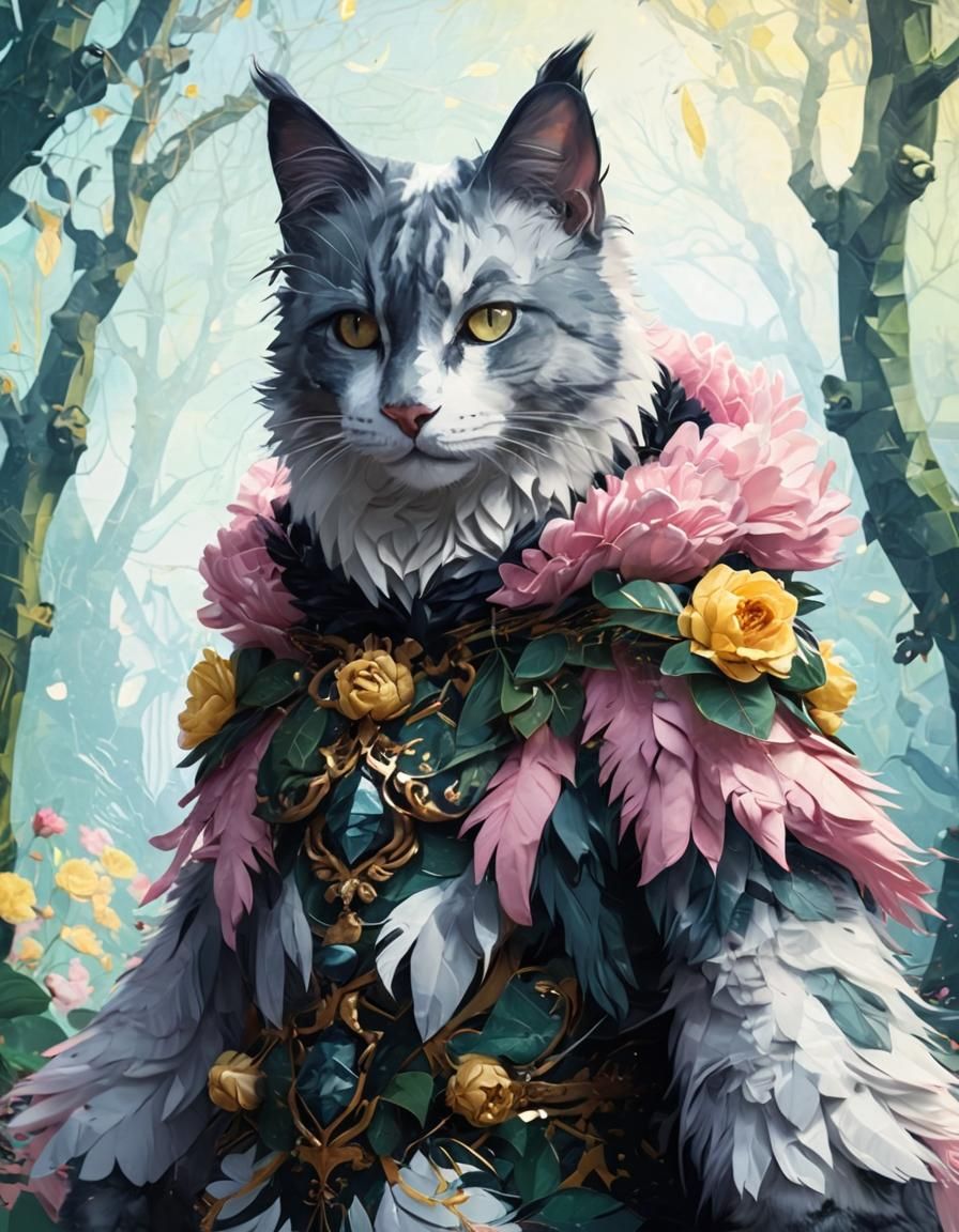 Glitch Art Cat in Klimt-Inspired Digital Style