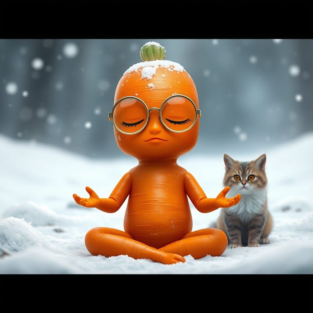 Meditating Carrot Person in Snowy Landscape