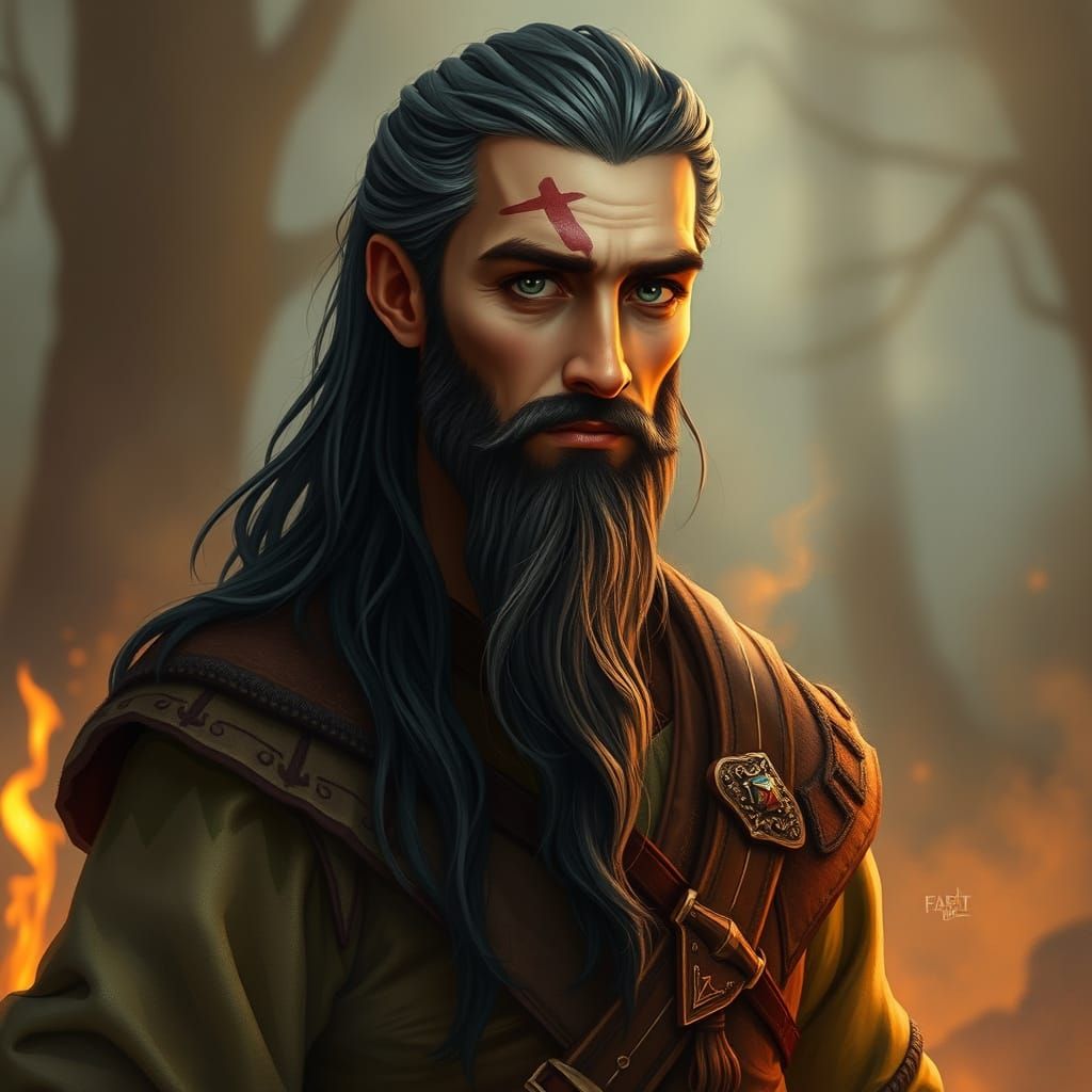 Medieval Man with Piercing Eyes in Ethereal Setting