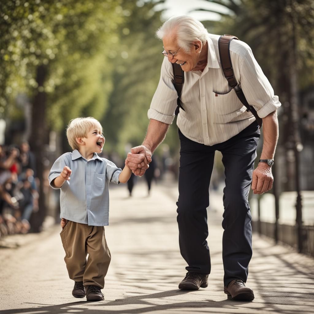 Grandfather and Grandson Walking and Talking