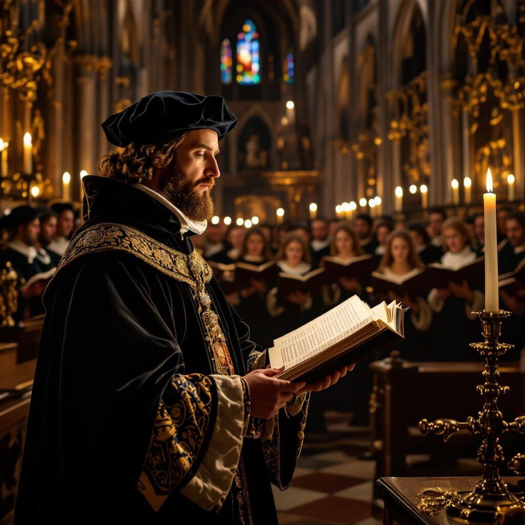Josquin Des Prez Oversees Choir in Gothic Cathedral