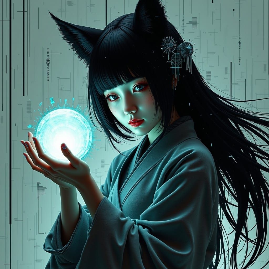 Gumiho Spirit in Cyberpunk Glitch Art Style