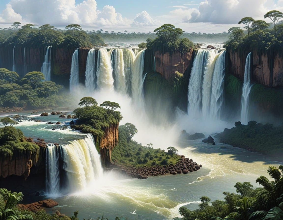 Watercolor Iguaçu Falls Landscape in Matte Painting Style