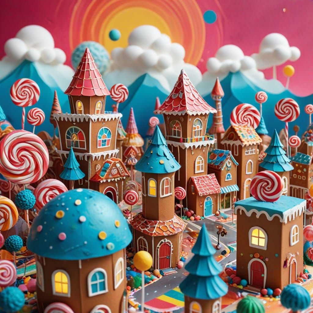 Whimsical Candy Metropolis Papercraft Illustration