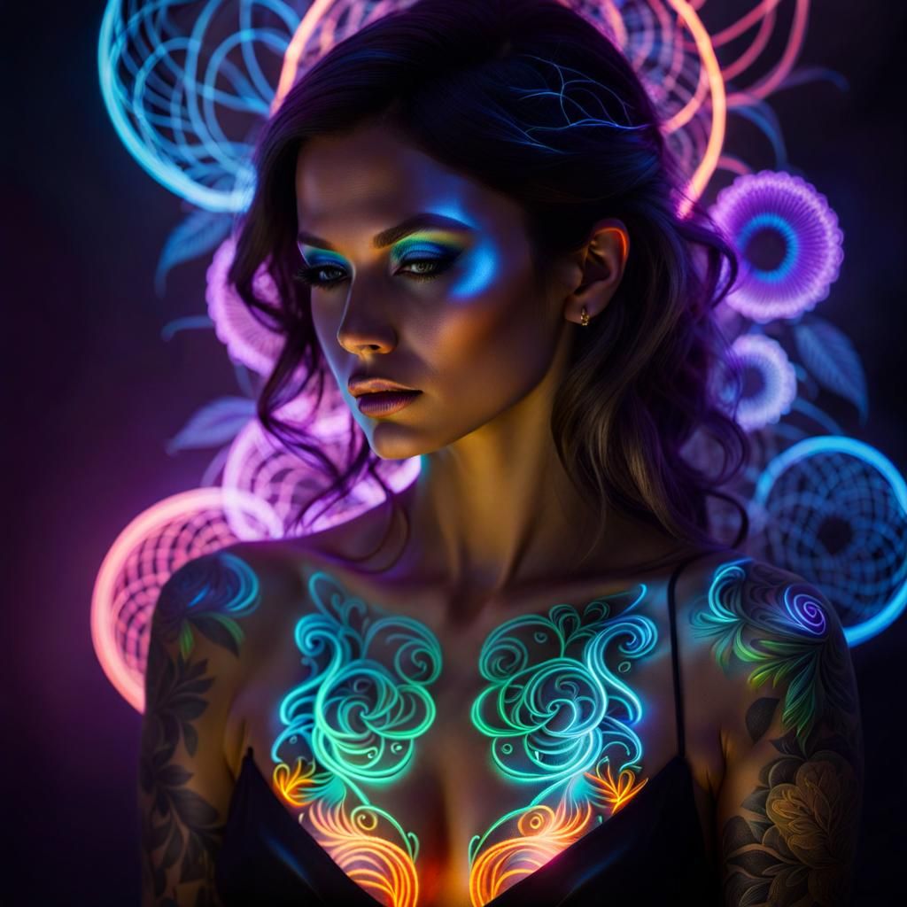 Woman with Glowing Neon Tattoos