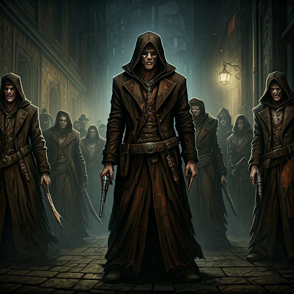 Imposing Cultists in Dark Alleyway Steampunk Masterpiece