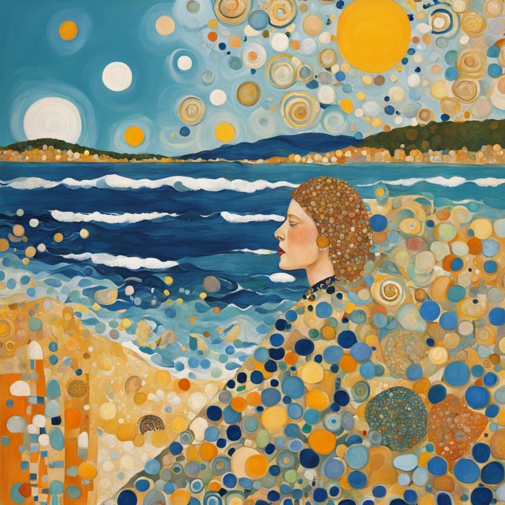 Beach Scene in the Style of Gustav Klimt