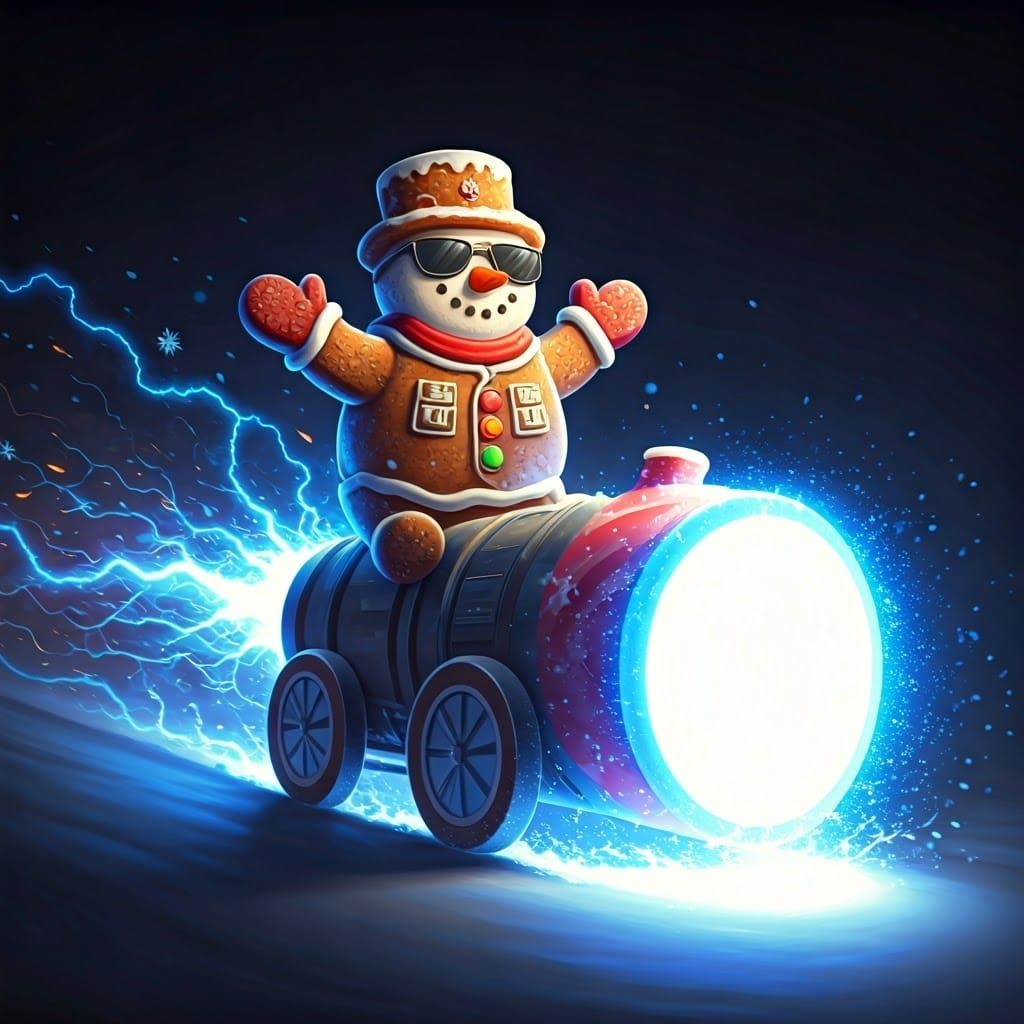 Whimsical Gingerbread Soldier in Glowing Snow Cannon