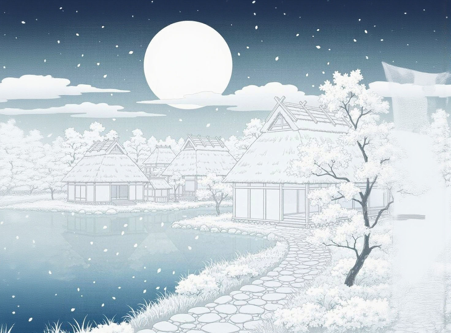 Peaceful Japanese Village Under Full Moon
