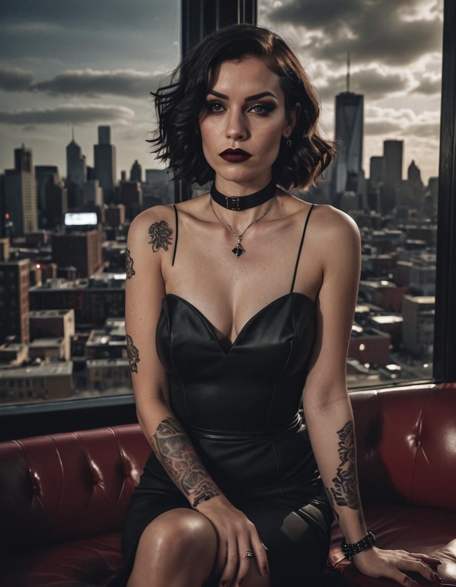 Film Noir Portrait of Woman with City View