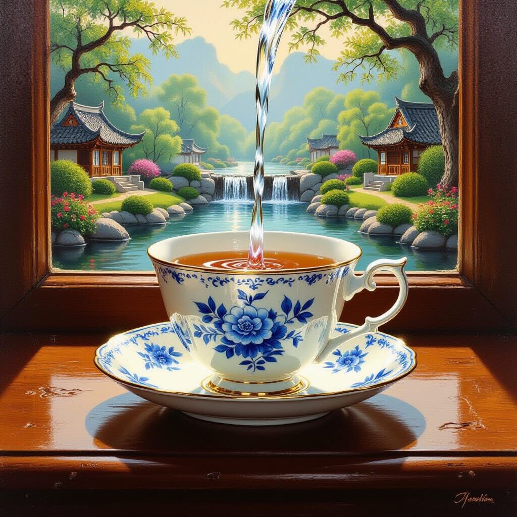 Teacup Waterfall Overflows onto Miniature Landscape as Oil P...