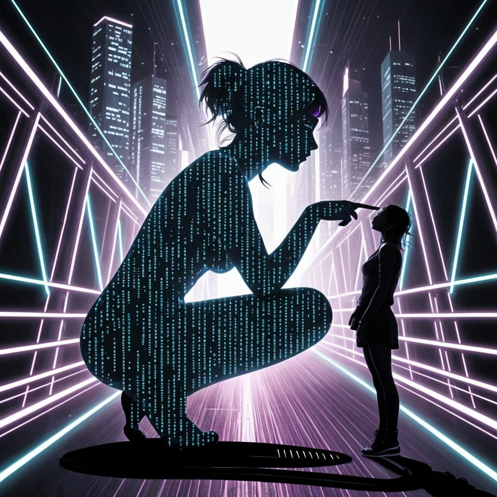 Giantess Silhouette Over Neon City
