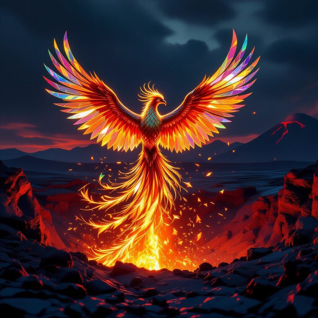 Glass Phoenix Rises from Volcanic Crater