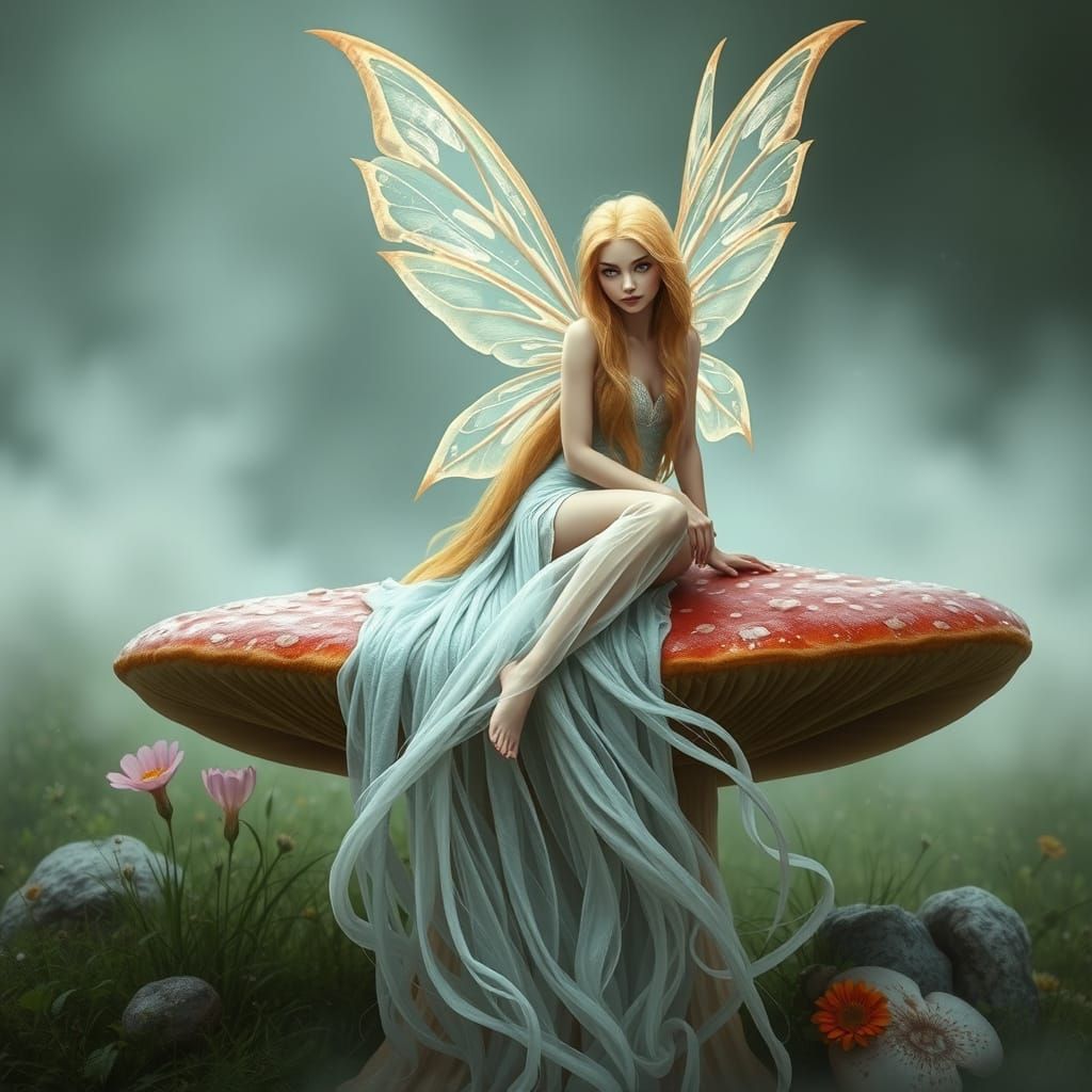 Blonde Fairy on Mushroom in Fantasy Mist