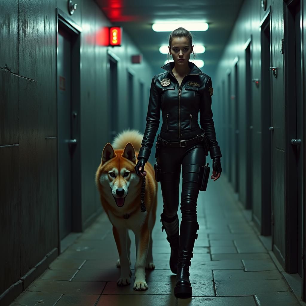 Futuristic Prison Guard in Black Leather Uniform