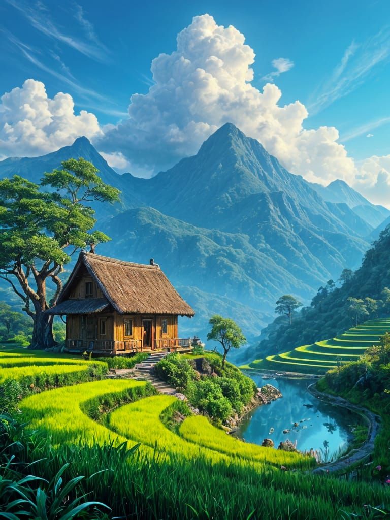 Impasto Painting of a Woodland Hut Amidst Terraced Rice Fiel...