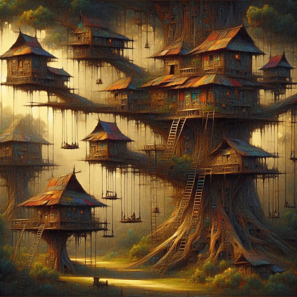 Whimsical Treehouse Village in Fantasy Art Style