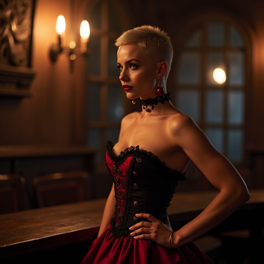 Gothic Woman in Corseted Gown Sits in Dimly Lit Tavern