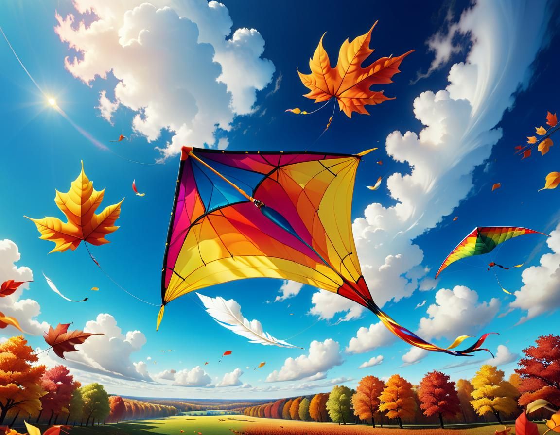 Colorful Kite Soars Above Autumn Landscape in Pop Surrealism