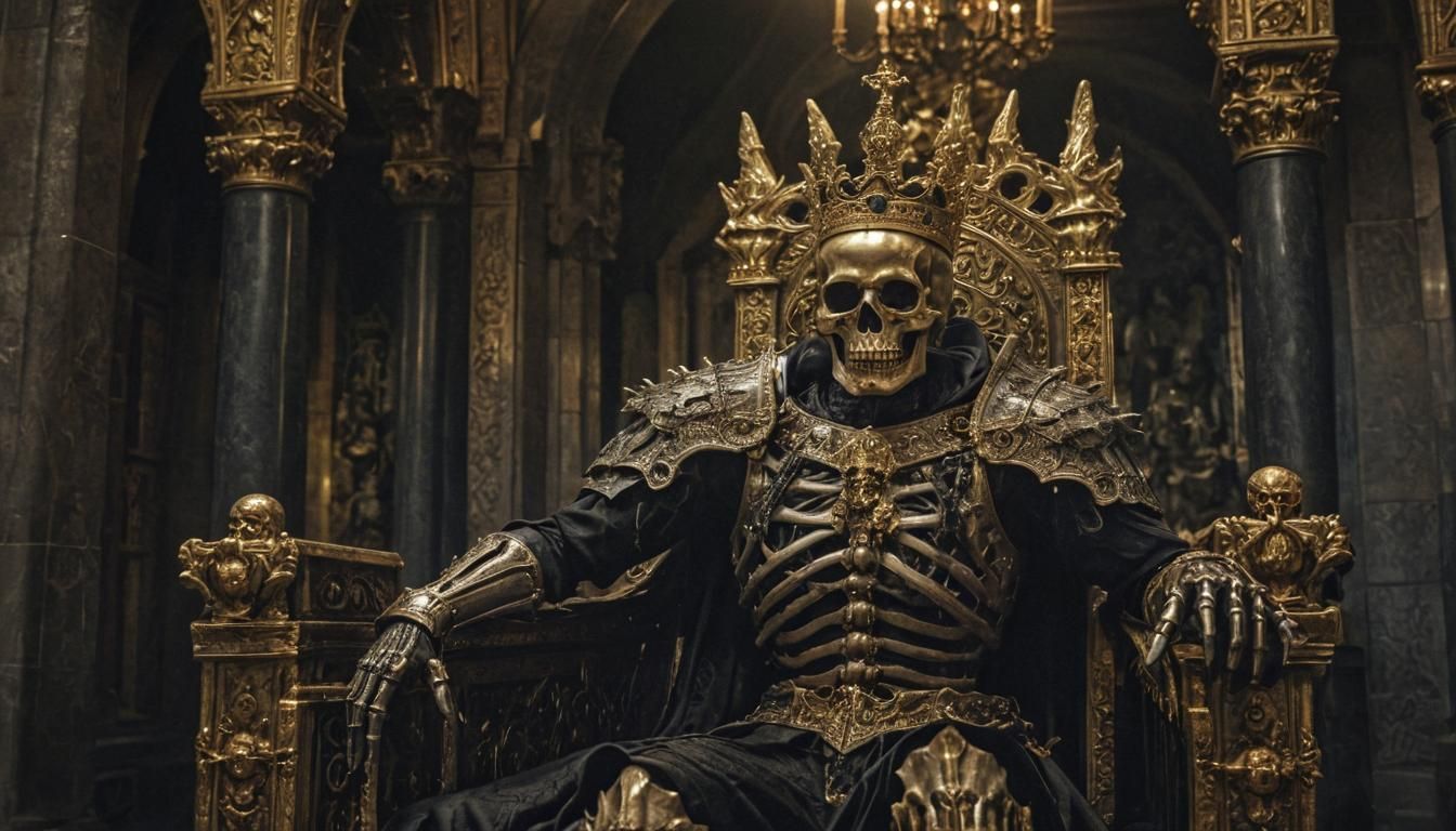 (Dark Fantasy:1.2) photo of a skeletal king wearing a crown, seated on an ornate throne in a grand hall adorned with gol...