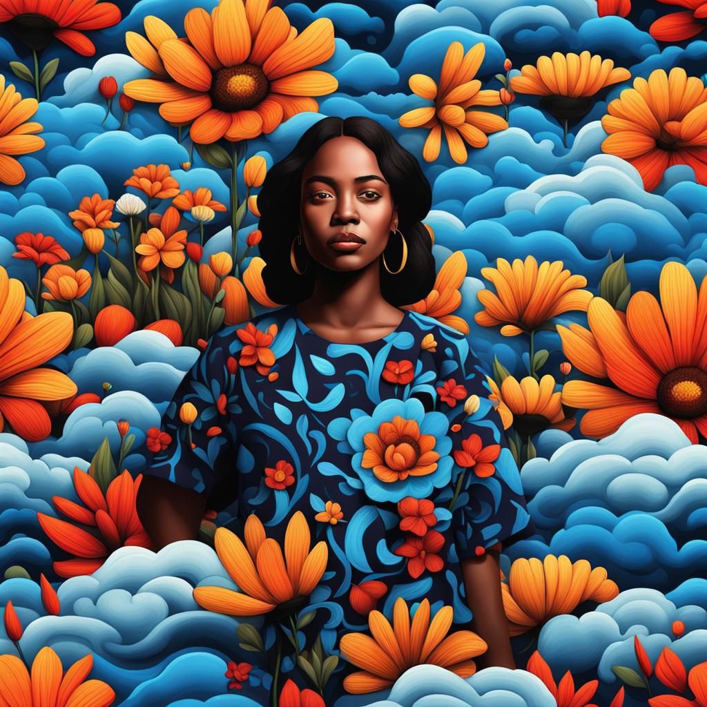Hyperrealistic Woman in Flaming Floral Field as 3D Art