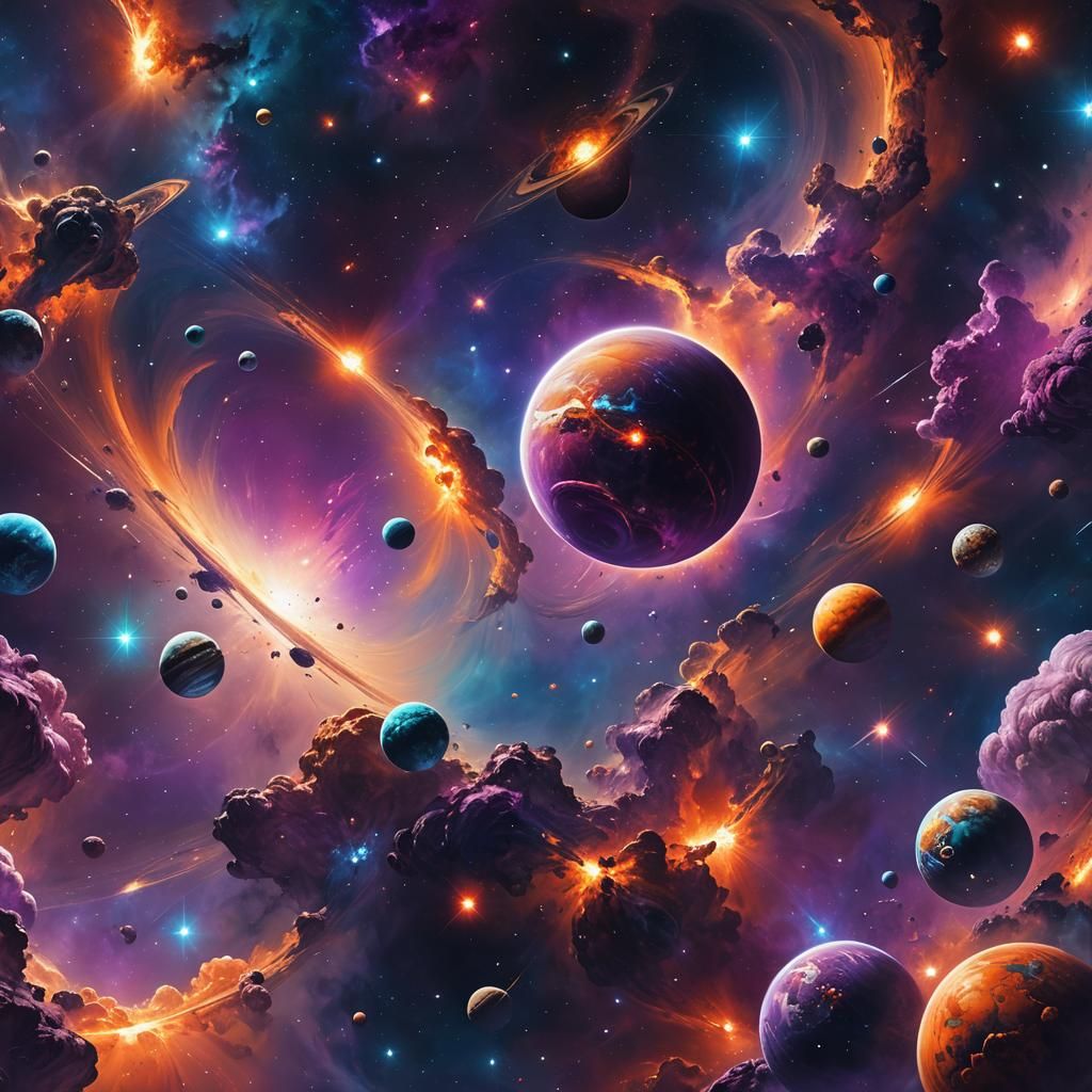 Planets in Space with Vibrant Gas Clouds