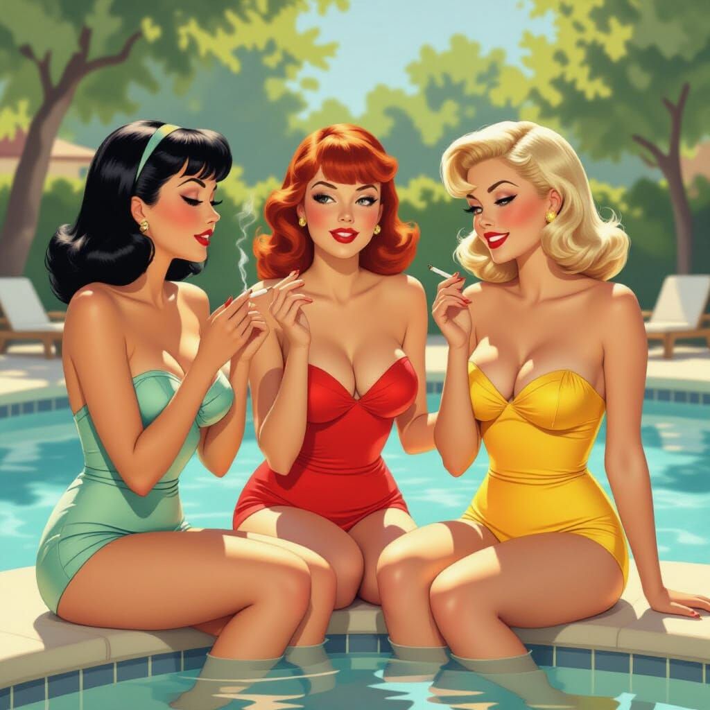 1950s Pinup Cartoon of Women by Pool