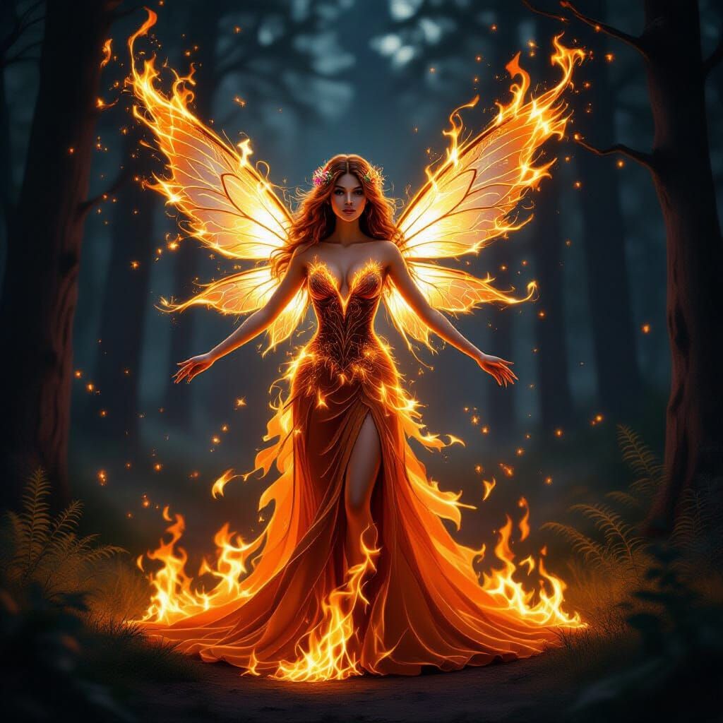 Fire Fairy with Flaming Dress in Dark Forest
